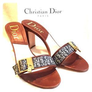 Dior mules.  Blue logo and gold hardware.